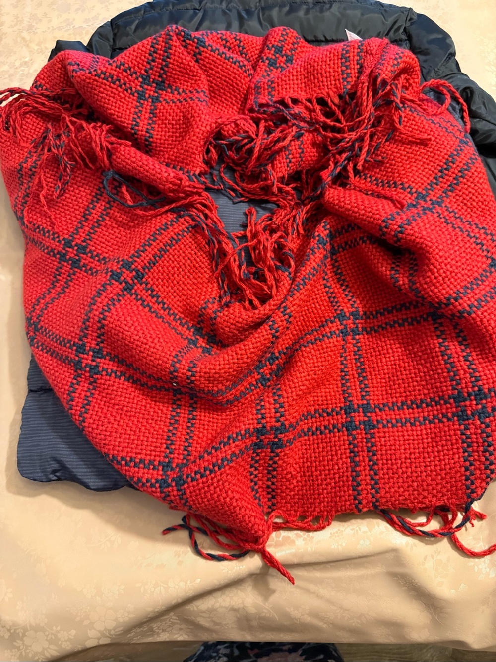 Panache Red Plaid Knit pull over scarf with Navy Accent